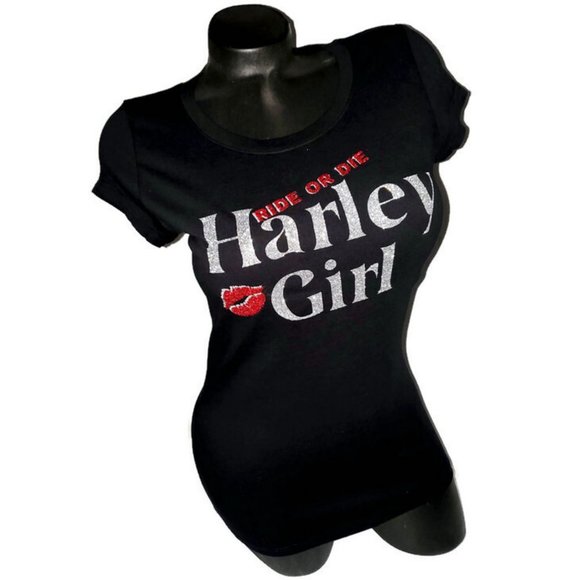 Harley Girl Ride or Die Fitted Spandex Black Tee with Shiny Lettering. - Picture 5 of 7